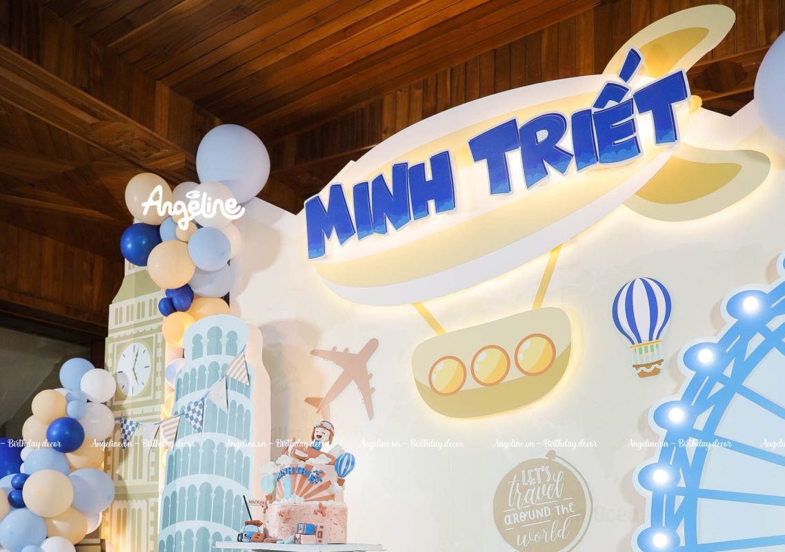 Trang trí sinh nhật bé trai 1 tuổi chủ đề vòng quanh thế giới