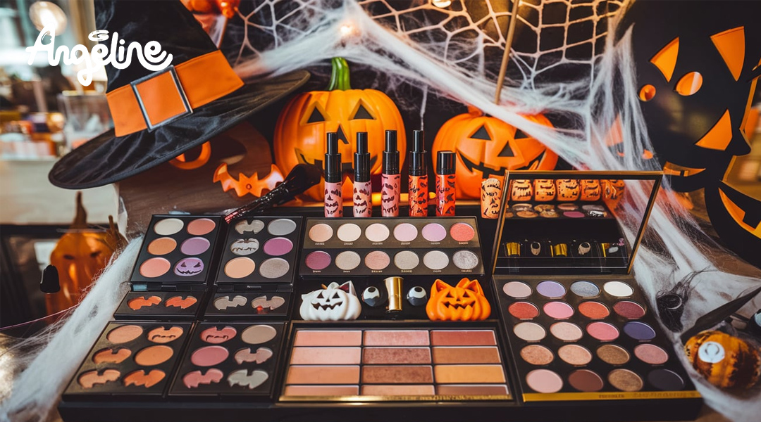 Khu vực trưng bày sản phẩm mỹ phẩm được trang trí Halloween