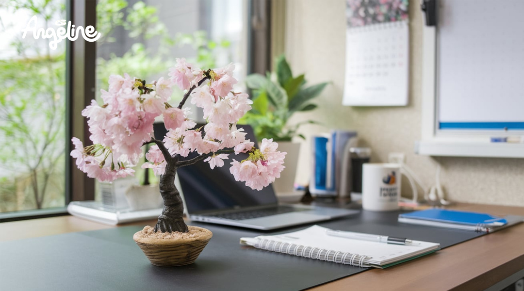 Cây đào mini trên bàn làm việc