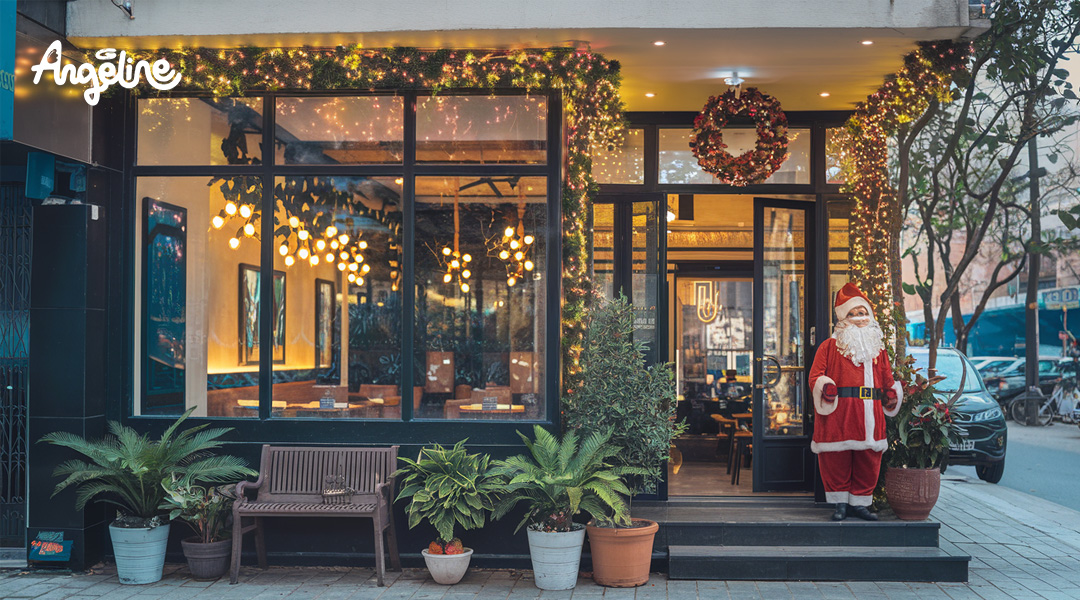 Trang trí Noel quán trà sữa khu vực mặt tiền