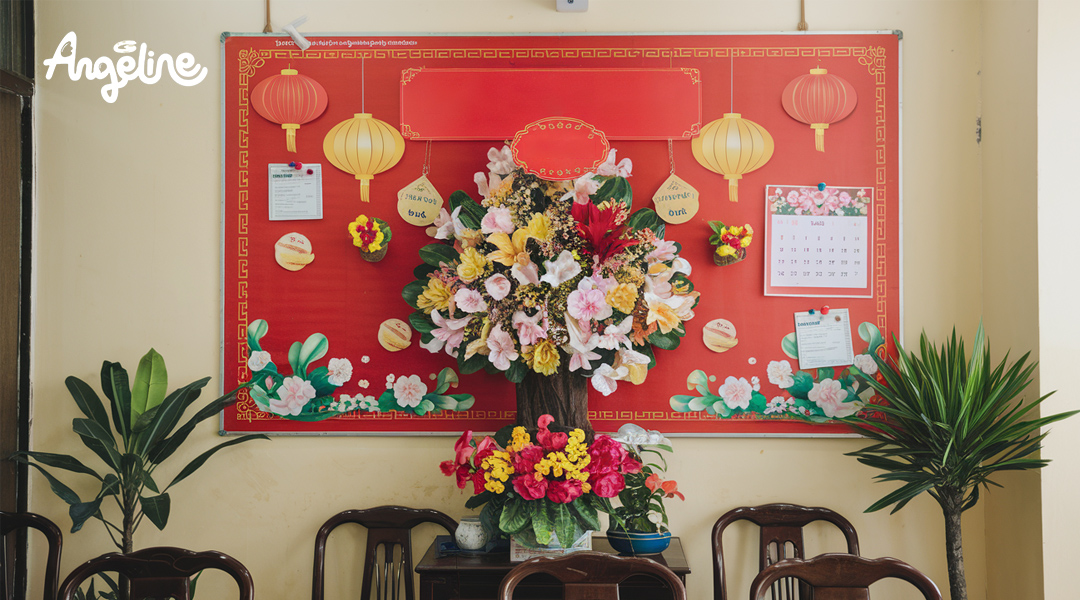 Trang trí bảng thông báo bằng theme Tết