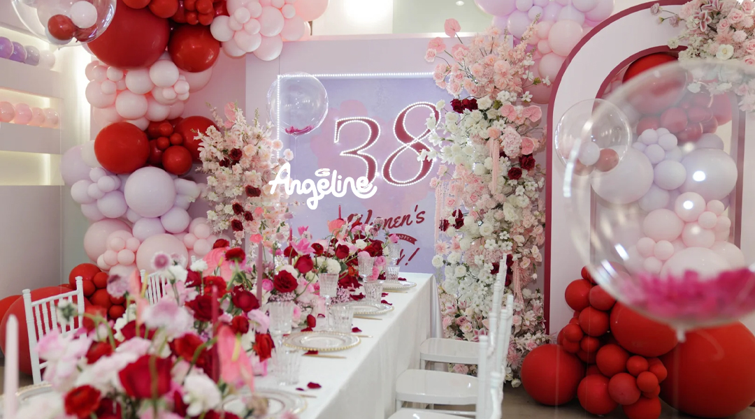 15+ Mẫu Backdrop Ngày Quốc Tế Phụ Nữ Đẹp, Sang Trọng 2025 Backdrop ngày Quốc Tế Phụ Nữ 8/3 bằng bóng bay kết hợp với hoa