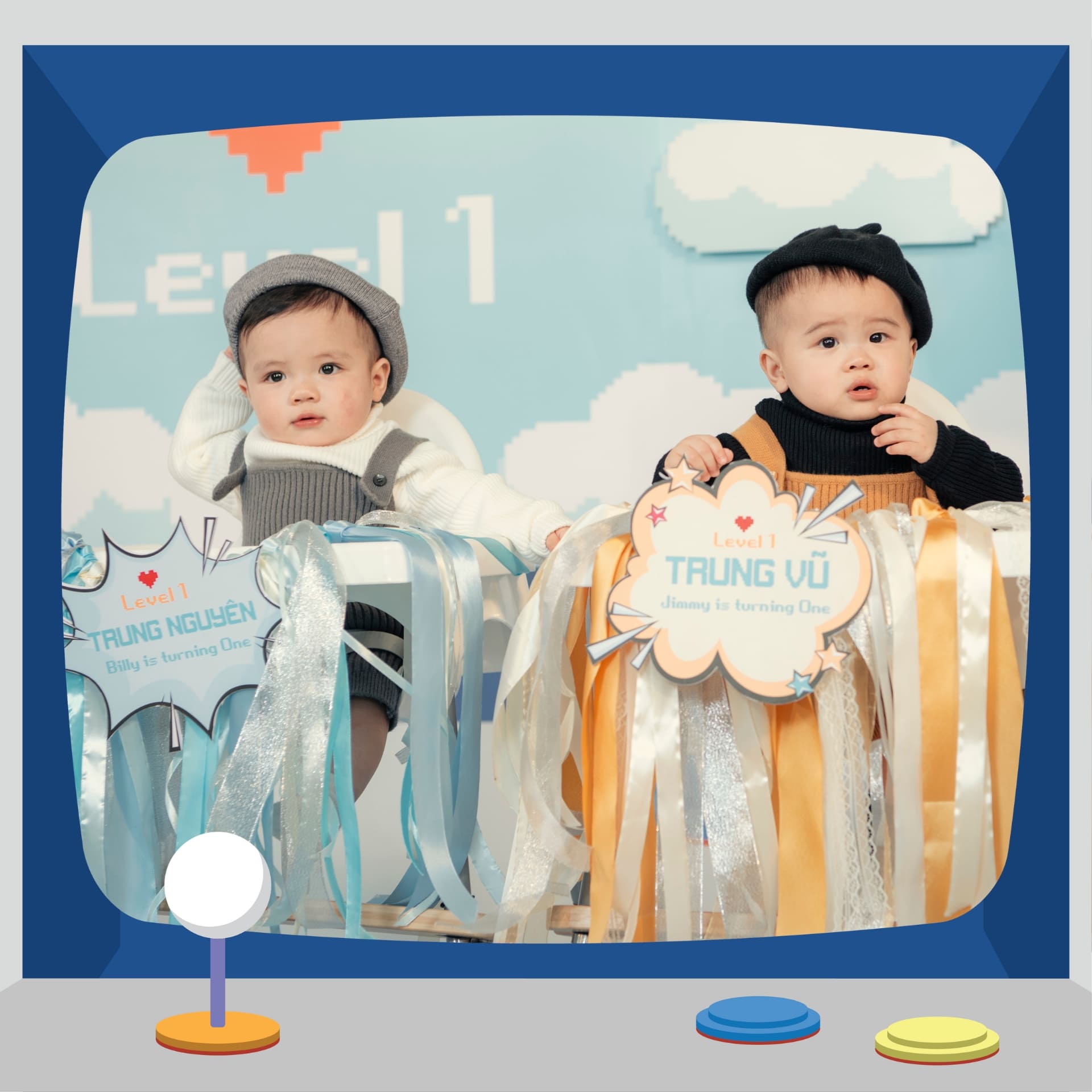 Sinh Nhật Jimmy & Billy 1 Tuổi – Baby Dragon Edition (Double Dragon – Level 1) Shoot ảnh mô phỏng TV retro