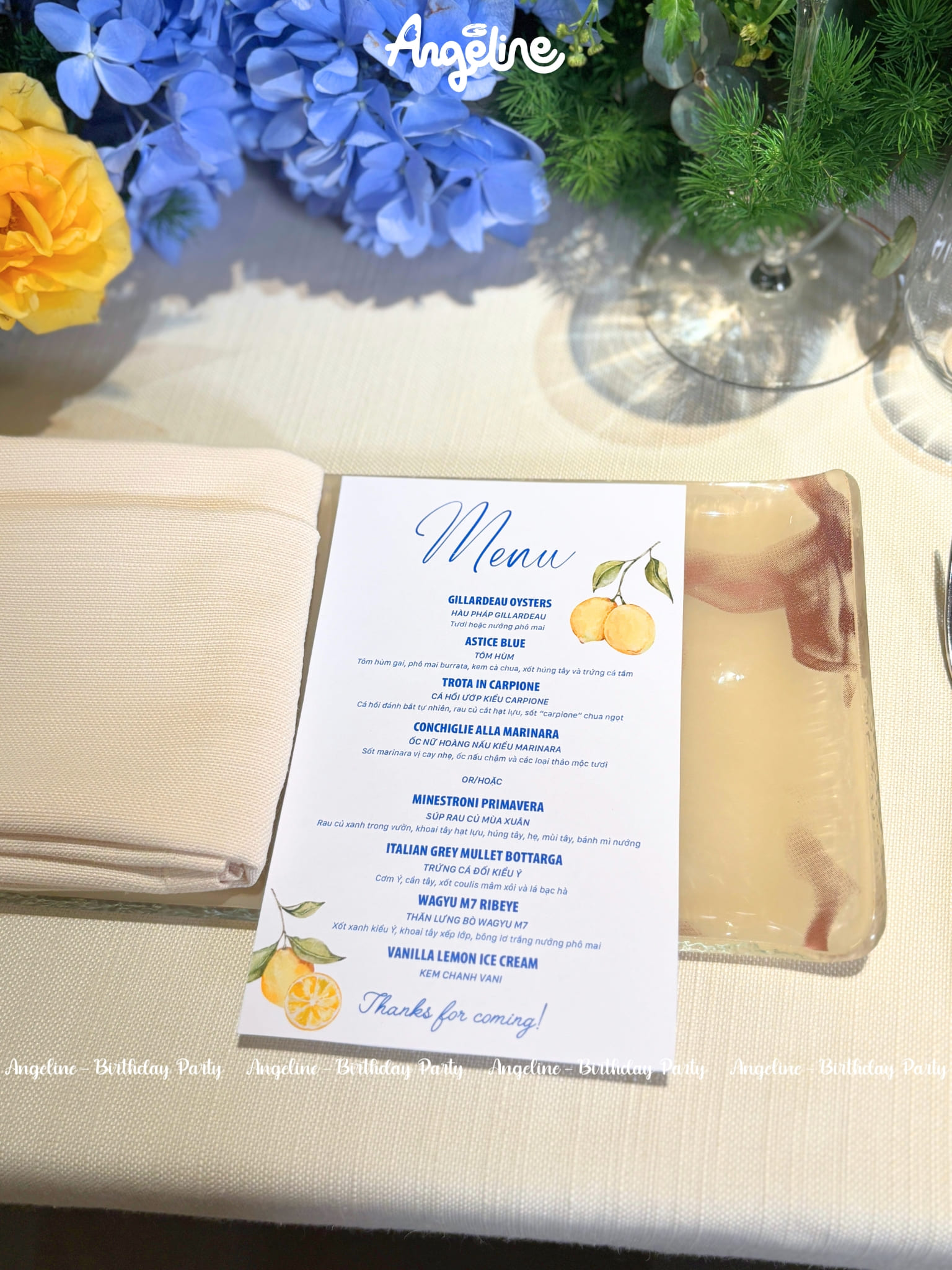 Mediterranean Summer – Concept Tiệc Sinh Nhật Mang Hương Vị Địa Trung Hải Tại Capella Hanoi Menu trên bàn tiệc