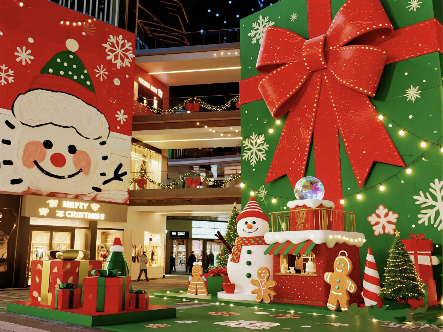 Đơn Vị Trang Trí Noel Trọn Gói Chuyên Nghiệp, Kiến Tạo Không Gian Kỳ Diệu Trang trí Noel tường lớn, hộp quà xanh đỏ khổng lồ, mặt Ông Già Noel hoạt hình, người tuyết, bánh gừng.