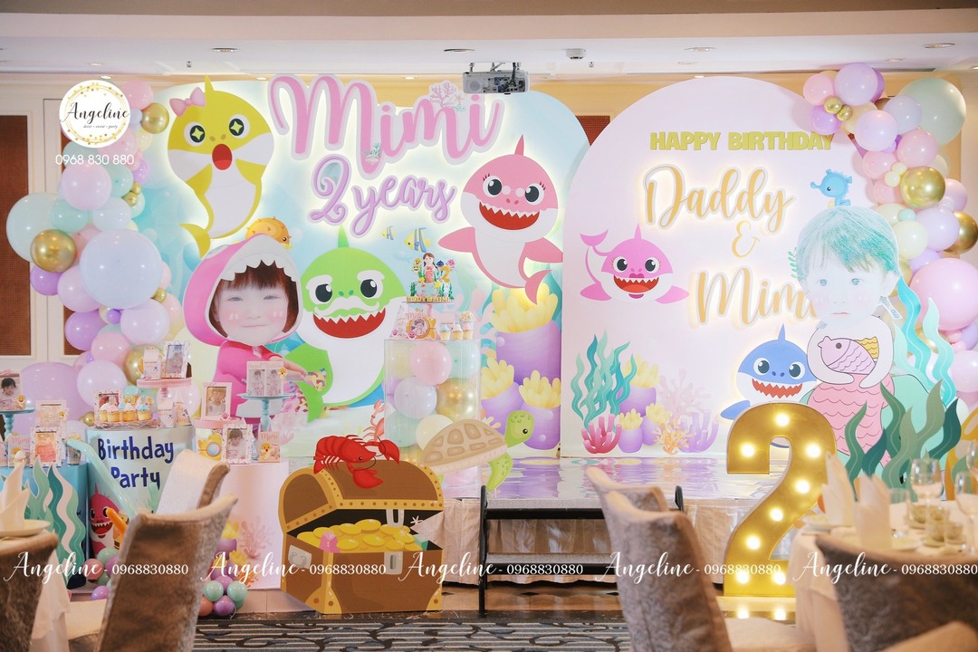 Concept Ocean Baby Shark sinh nhật 2 tuổi cho bé nhiều màu pastel